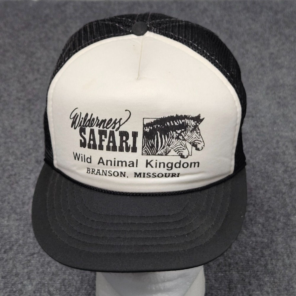 Vintage Wilderness Safari Branson Missouri Trucker Hat Black White Americana 80s